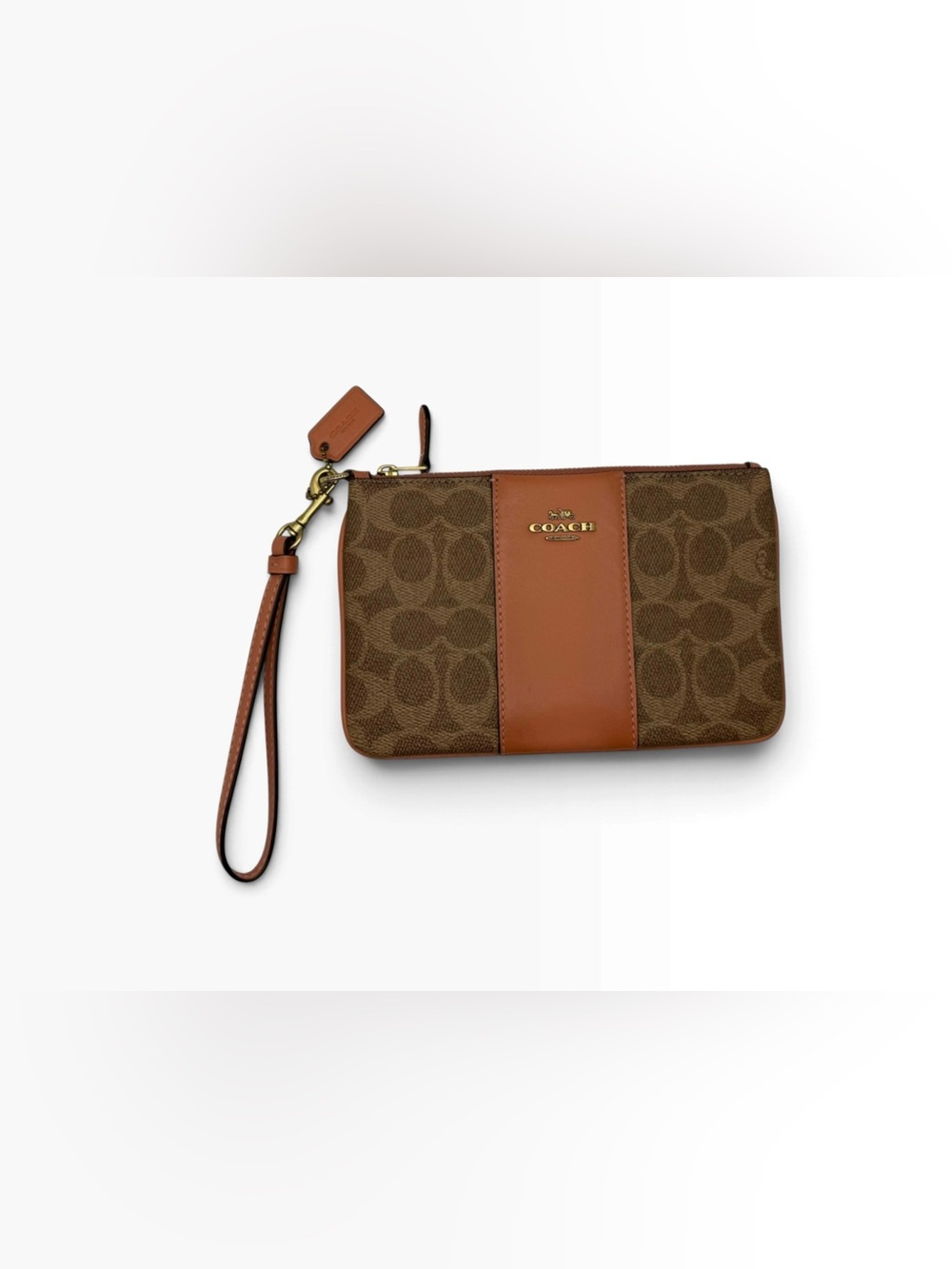 Coach Brown Signature Canvas Wristlet with Tan Leather Strap